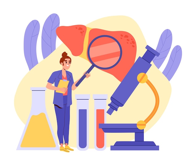 Vector liver treatment concept woman with magnifying glass near colorful reagents scientific experiment in