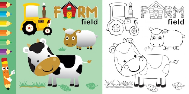 Мультфильм животных с желтым трактором в поле фермы