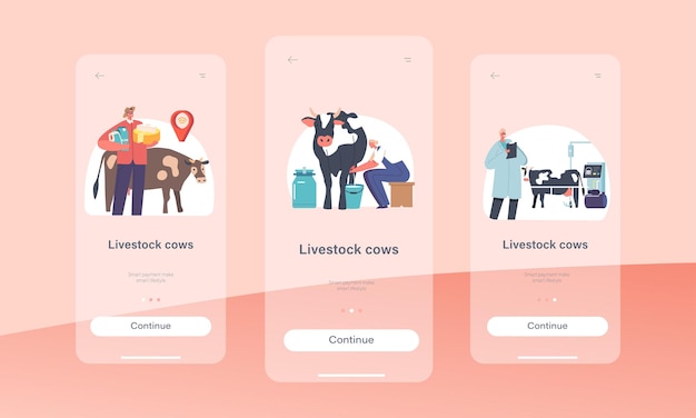 Животноводство коровы страница мобильного приложения шаблон бортового экрана персонажи фермеров работают на ферме уборка кормление