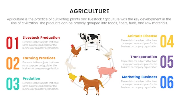 6포인트 목록 비교 양면이 있는 슬라이드 프레젠테이션을 위한 가축 순환 농업 농업 인포그래픽 개념