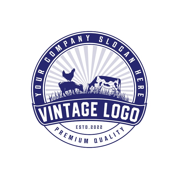 Livestock vintage logo with cow, chicken, and goat with retro vintage badges