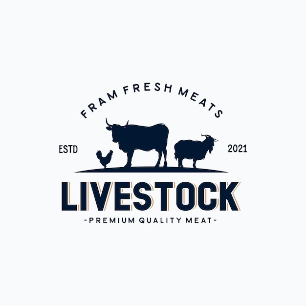 Livestock vintage logo with cow, chicken, and goat