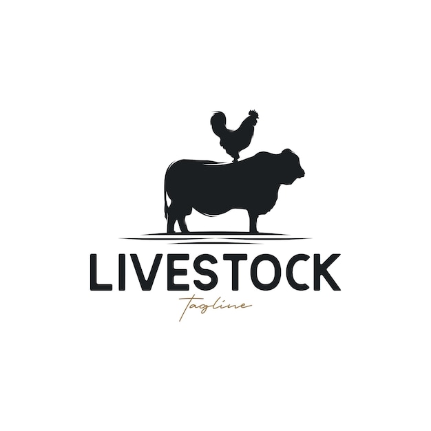 Livestock vintage logo with cow and chicken illustration logo design