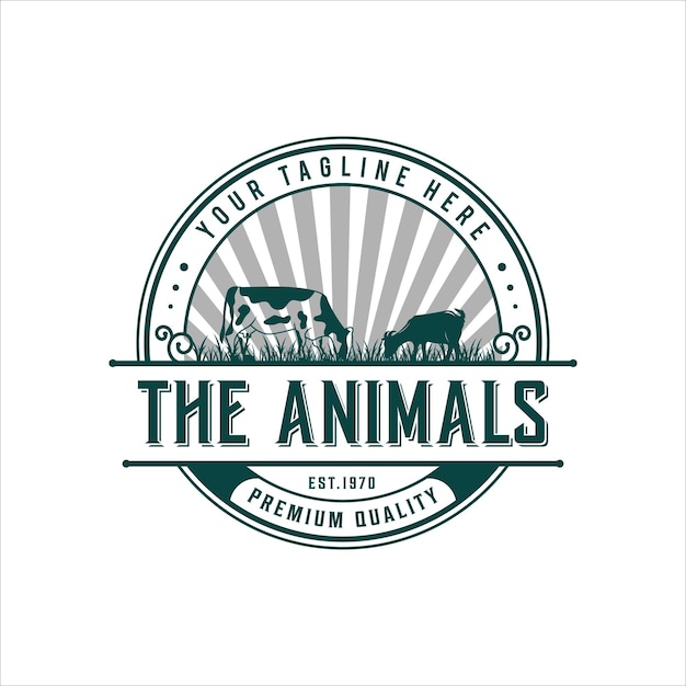 Logo vintage bestiame con mucca e capra e badge retrò illustrazione vettoriale