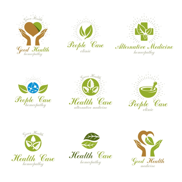 Living in harmony with nature metaphor, set of green health idea logos. Wellness center abstract modern emblems.