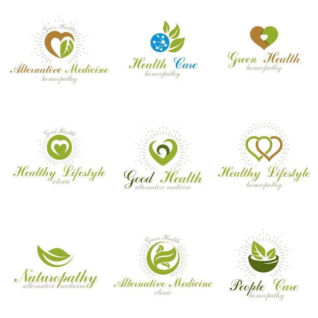 Living in harmony with nature metaphor, set of green health idea logos. Wellness center abstract modern emblems.