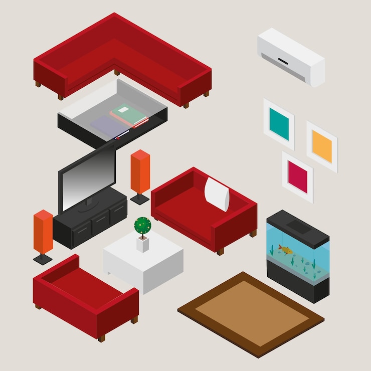 Vector living room assets isometric
