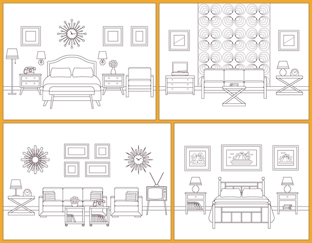 Vector living room and bedroom interiors. linear rooms with furniture. retro house scene. flat line art design