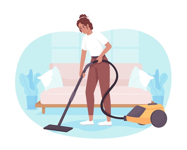 Living room cleaning routine 2D vector isolated illustration