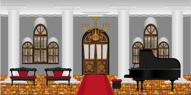 Vector living room or a concert hall with columns and a grand piano