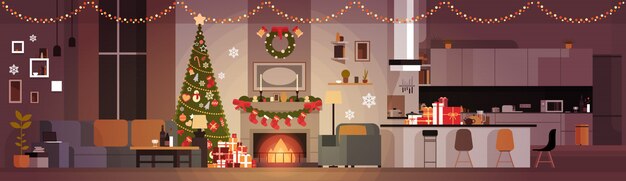 Vector living room decorated for christmas and new year horizontal banner pine tree