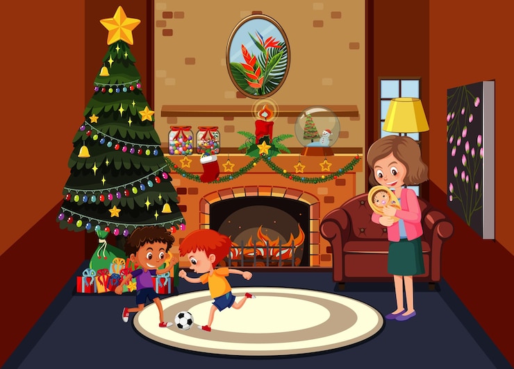 Vector living room decorated for christmas with family members