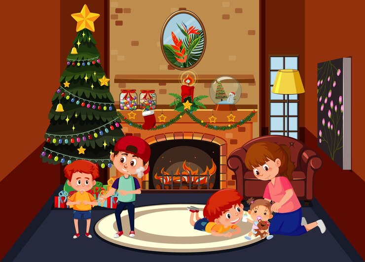 Vector living room decorated for christmas with family members