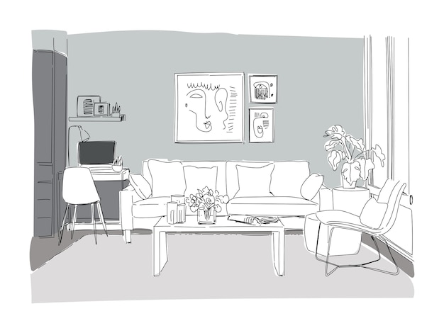 Vector living room drawing sketch monochrome black and white home interior graphic vector illustration