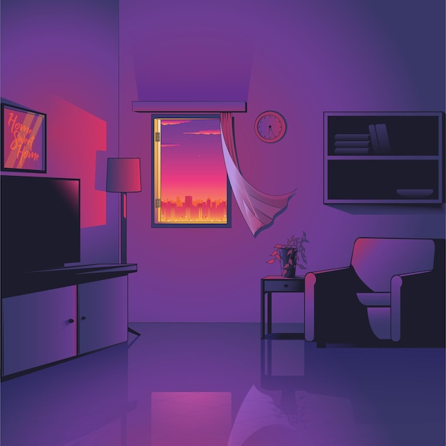 Vector living room in the evening background