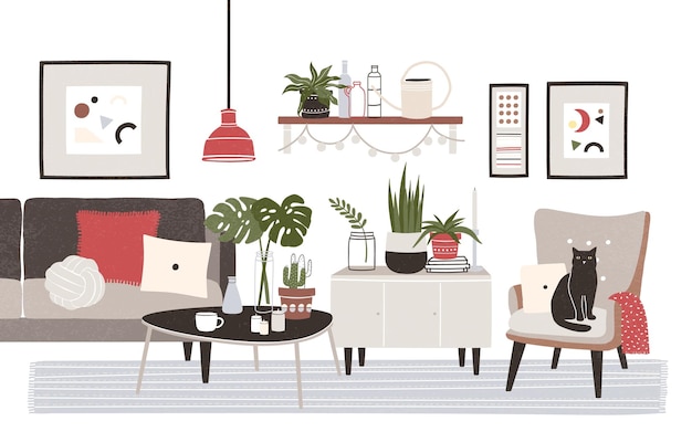 Soggiorno pieno di mobili accoglienti e decorazioni per la casa: divano, poltrona, tavolino da caffè, mensola, quadri da parete, piante in vaso. appartamento arredato in moderno stile scandinavo. illustrazione vettoriale piatta.