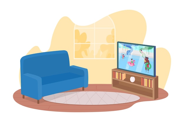 거실 가구 2D 벡터 격리 된 그림입니다. 만화 배경에 평면 스크린 TV와 파란색 소파 평면 개체. 주간 상황. 아침 화려한 장면에서 텔레비전 시청