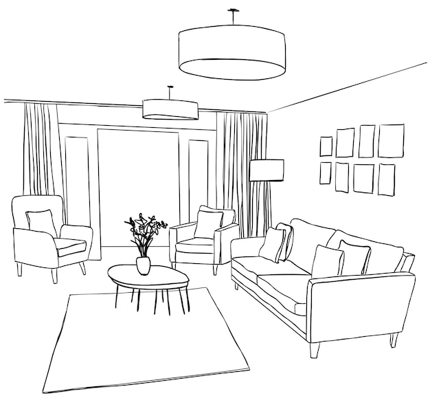 Vector living room graphic black white home interior sketch illustration vector