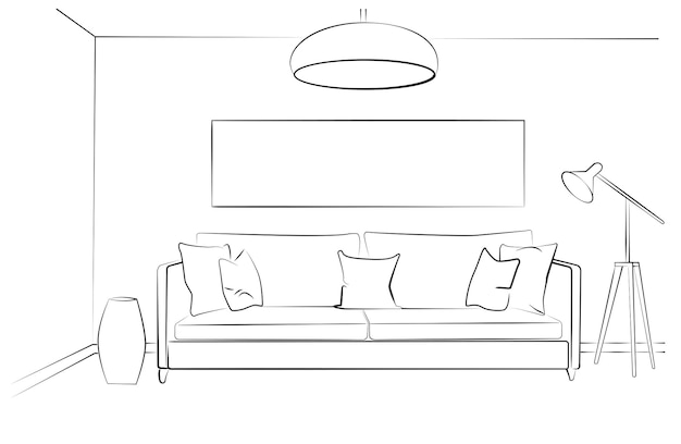 Графический вектор черно-белого домашнего интерьера гостиной
