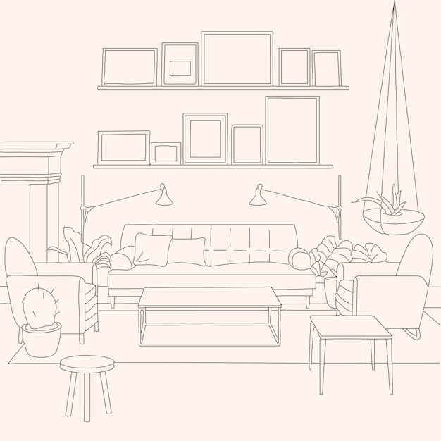 Living room graphic line art drawing black, white home interior sketch illustration vector