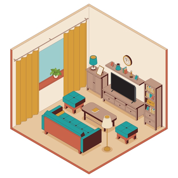 アイソメトリックスタイルのリビングルーム。ソファ、家具、テレビ