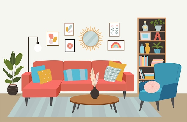 living room interior. comfortable sofa,  bookcase, chair and house plants.