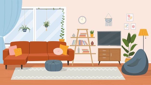 ベクトル リビングルームのインテリア。快適なソファ、テレビ、窓、椅子、観葉植物。フラット漫画イラスト