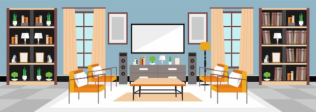 Vector living room interior comfortable sofa tv window chair and house plants flat cartoon vector illustration