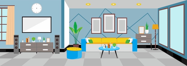 Living room interior comfortable sofa tv window chair and house plants flat cartoon vector illustration