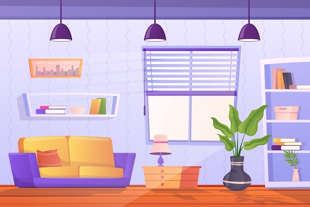 Концепция интерьера гостиной в плоском мультяшном дизайне квартира с диваном с подушками-лампой