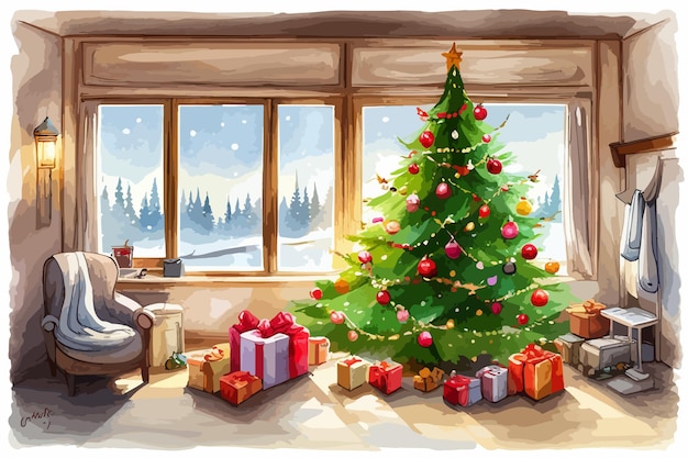 Interno del soggiorno decorato per le vacanze di natale albero di natale con regali all'interno della casa