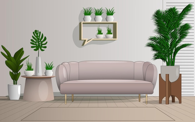 Vector living room interior design sofa tv floral flower vector illustration