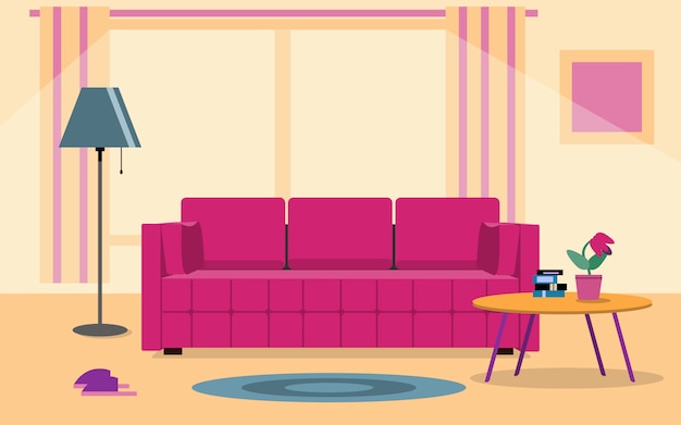 Living room interior. furniture sofa, bookcase, lamps. flat style illustration   home life