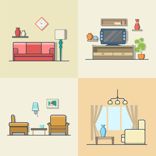 Living room interior indoor set. Linear colorful stroke outline flat style  icons. Color icon collection.