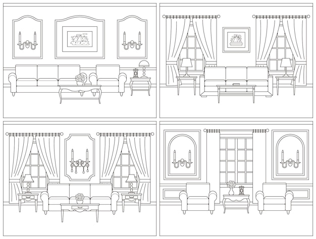 Living room interior in line art flat style Vector illustration