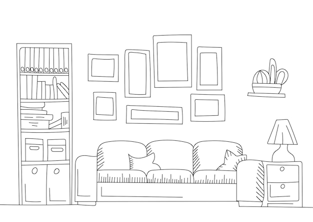 Вектор Искусство интерьера гостиной, набросок дизайна иллюстрации с мебелью на белом фоне