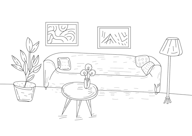 Living room interior line art, outline sketch design illustration with furniture on white background