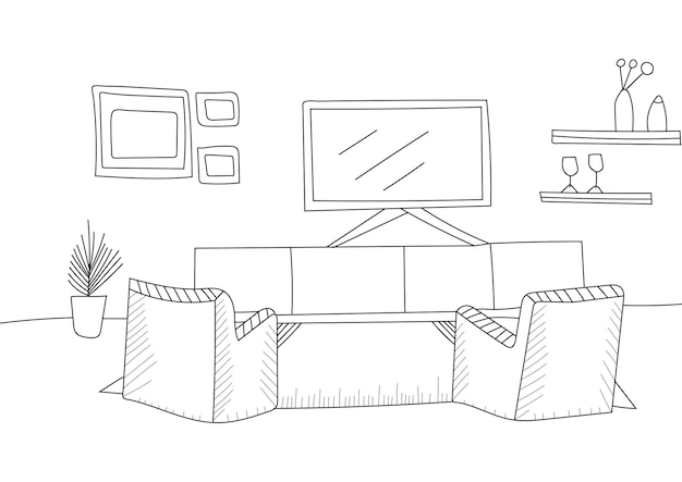 Living room interior line art, outline sketch design illustration with furniture on white background