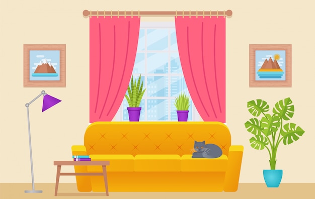 Vector living room interior, lounge with furniture, window, cat, home background  cartoon house equipment,