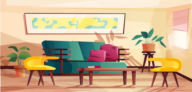 현대적인 스타일의 거실 인테리어입니다. 소파, 안락 의자, 화분, 테이블 및 벽에 그림 식물 만화 그림.