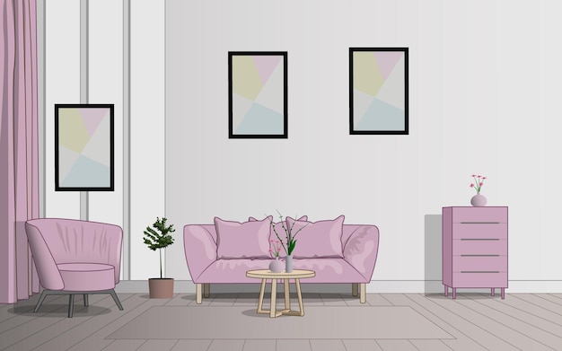 家具とリビングルームの装飾を備えたリビングルームのインテリアシーンデザイン