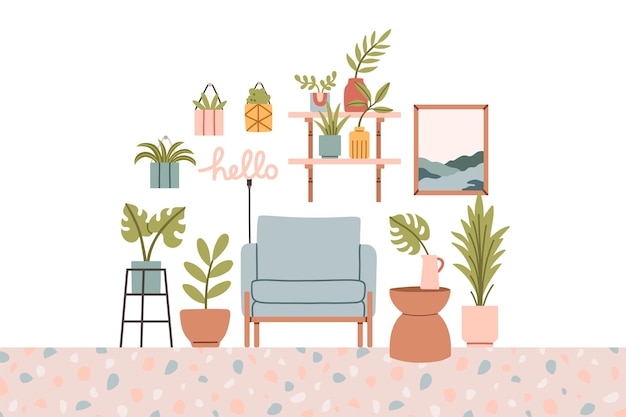 Set interno soggiorno con libreria poltrona con molte piante collezione vector flat style