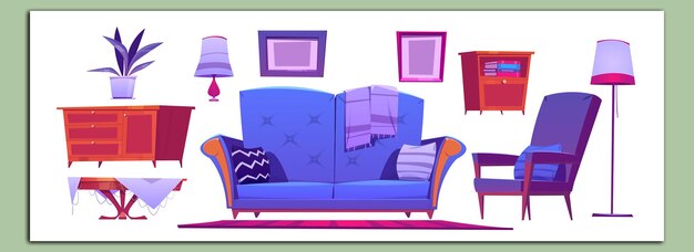 Vector living room interior set with blue sofa