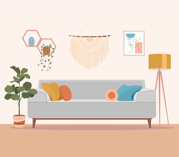 Interno del soggiorno interni hygge scandinavi alla moda illustrazione di cartone animato in stile piatto vettoriale