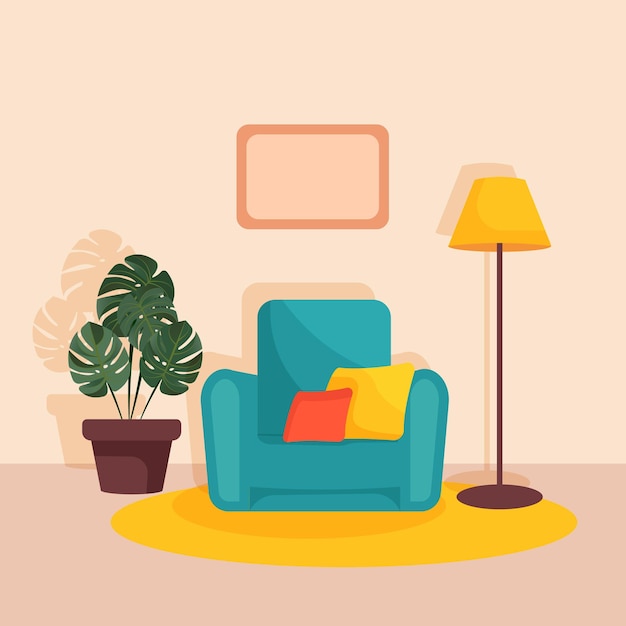 Living room interior with armchair, lamp, flowerpot. Cozy home.