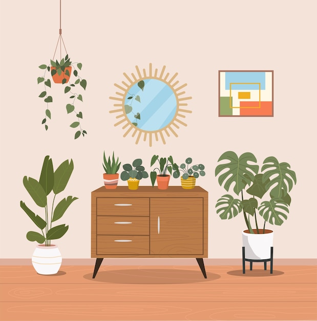 Vector living room interior with chest and house plants