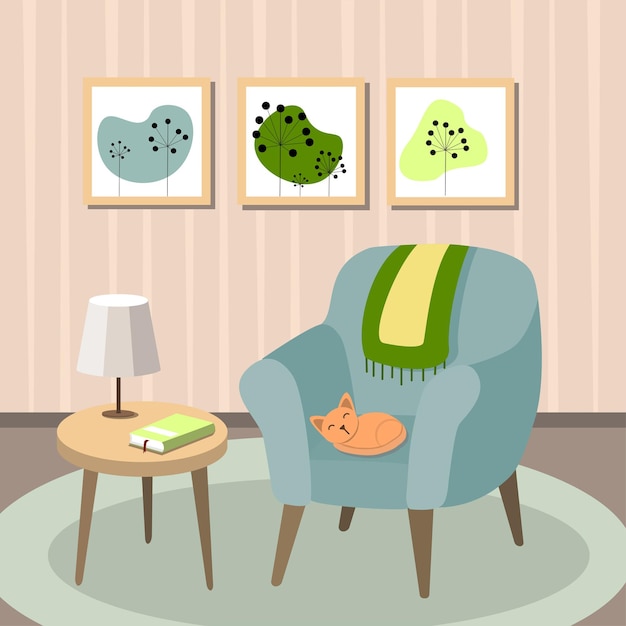 Living room interior with furniture Cute minimalistic interior Flat style vector illustration