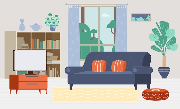 Living room interior with no people flat vector illustration Cozy interior with bookcases couch TV