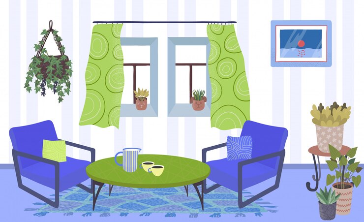 Vector living room interior with plants in pots, armchairs, table and window with curtains home garden flat   illustration.