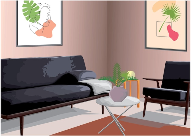 Living room interior with sofa, table, house flowers and frames, vector illustration